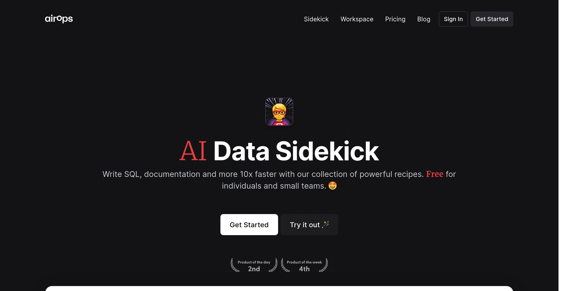 AI Data Sidekick by AirOps - website homepage screenshot