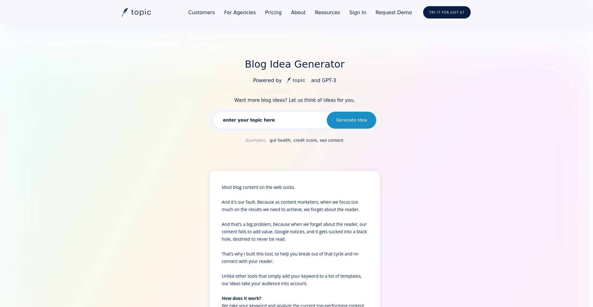 Blog Idea Generator by Topic - website homepage screenshot