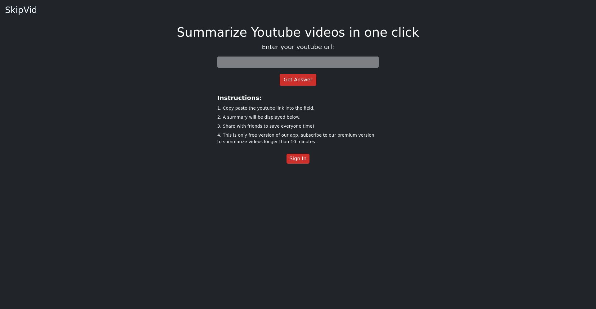 ChatGPT Youtube Summarizer - website homepage screenshot