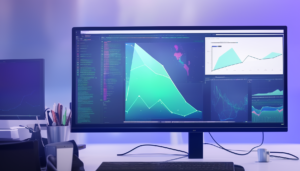 A close-up image of a computer monitor displaying different data tools, including a database, extraction tool, query builder, web scraping tool and synthetic data generator. The monitor is surrounded by several stacks of physical documents. The background is a bright blue with a hint of purple.