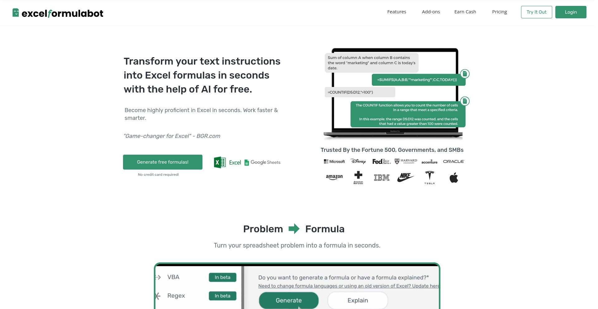 Excel Formula Bot - website homepage screenshot