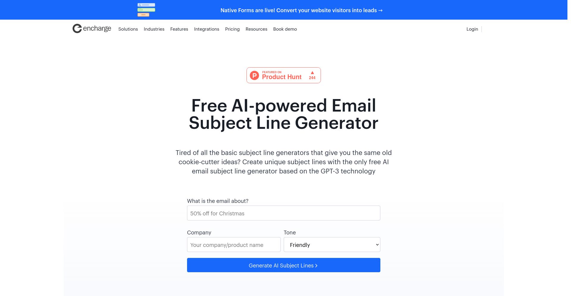 Free AI Email Subject Line Generator by Encharge - website homepage screenshot