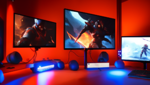 A fiery orange and red gaming controller sits atop a black desk, illuminated by a blue light. Two white gaming headsets hang from the controller, ready for use. The background is adorned with gaming posters and books, with a calendar marking upcoming esports tournaments. A laptop screen displays a gaming map, emphasizing the endless possibilities of gaming.