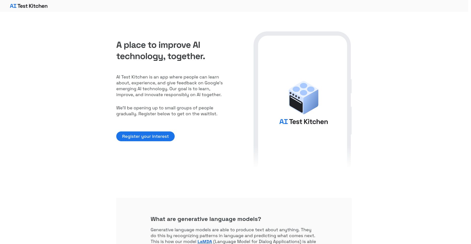 Google AI Test Kitchen - website homepage screenshot