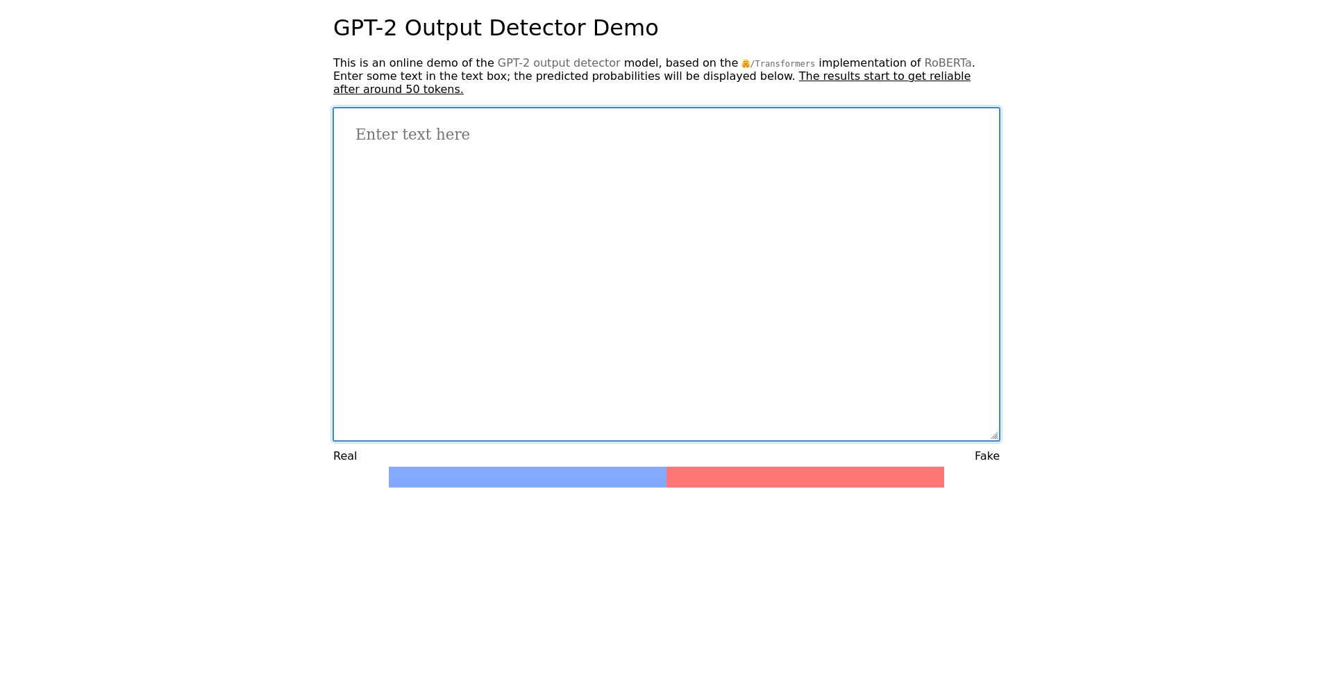 GPT-2 Output Detector - website homepage screenshot