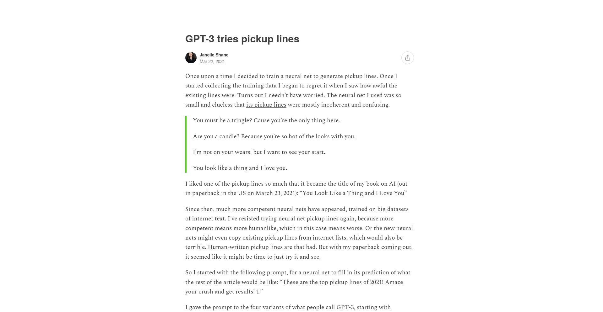 GPT-3 pickup lines - website homepage screenshot