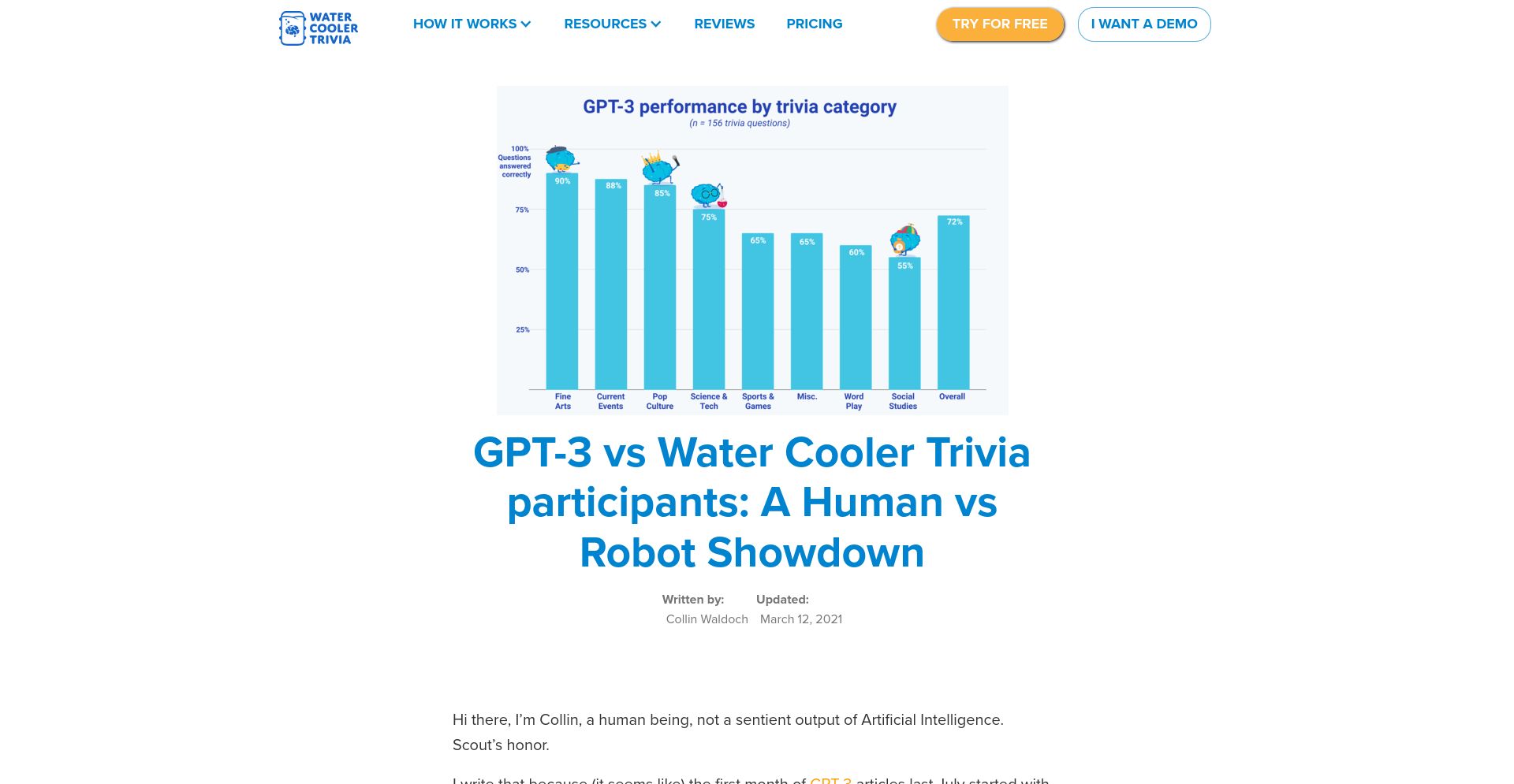 GPT-3 vs Water Cooler Trivia participants - website homepage screenshot