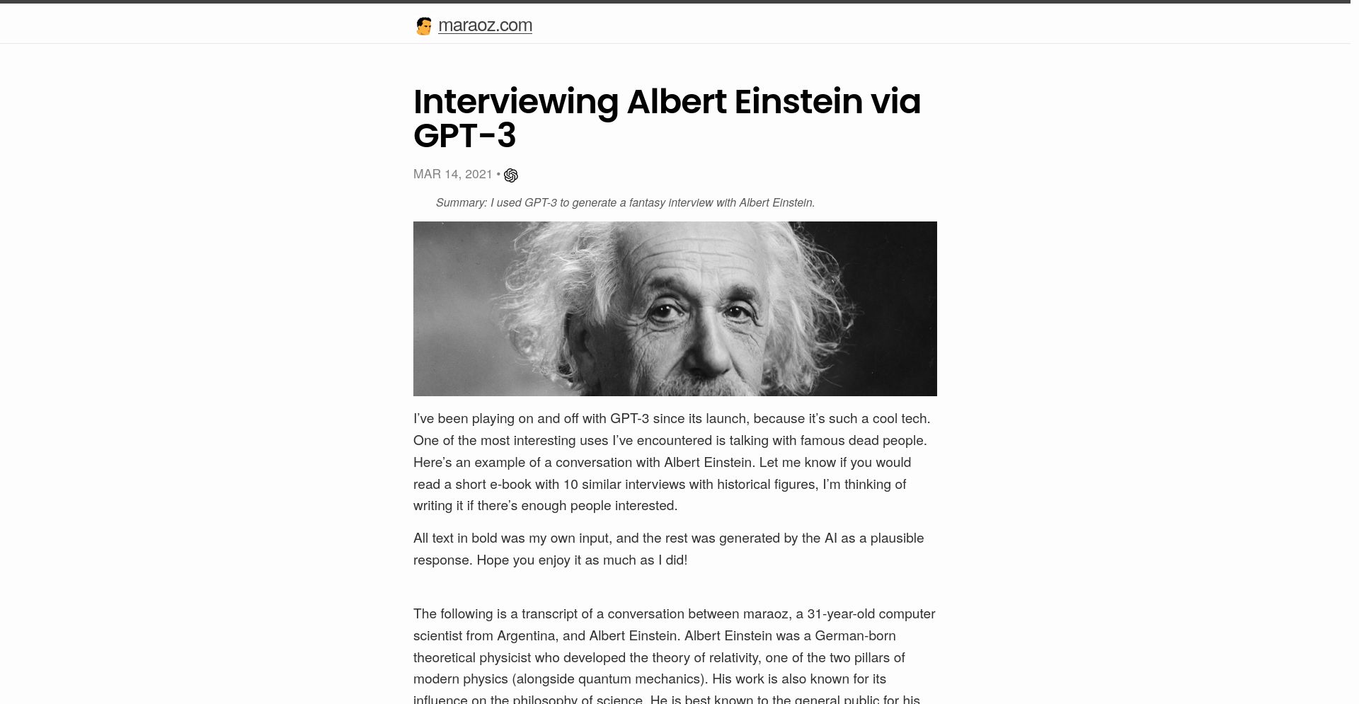 Interviewing Albert Einstein via GPT-3 - website homepage screenshot