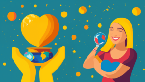 A vibrant yellow background with a person in the center smiling and holding a globe in their hands. In the foreground are scattered icons representing different tools such as a medicine bottle, a book, a heart, and an stirring spoon. The person's face is filled with joy and the globe radiates a warm light.