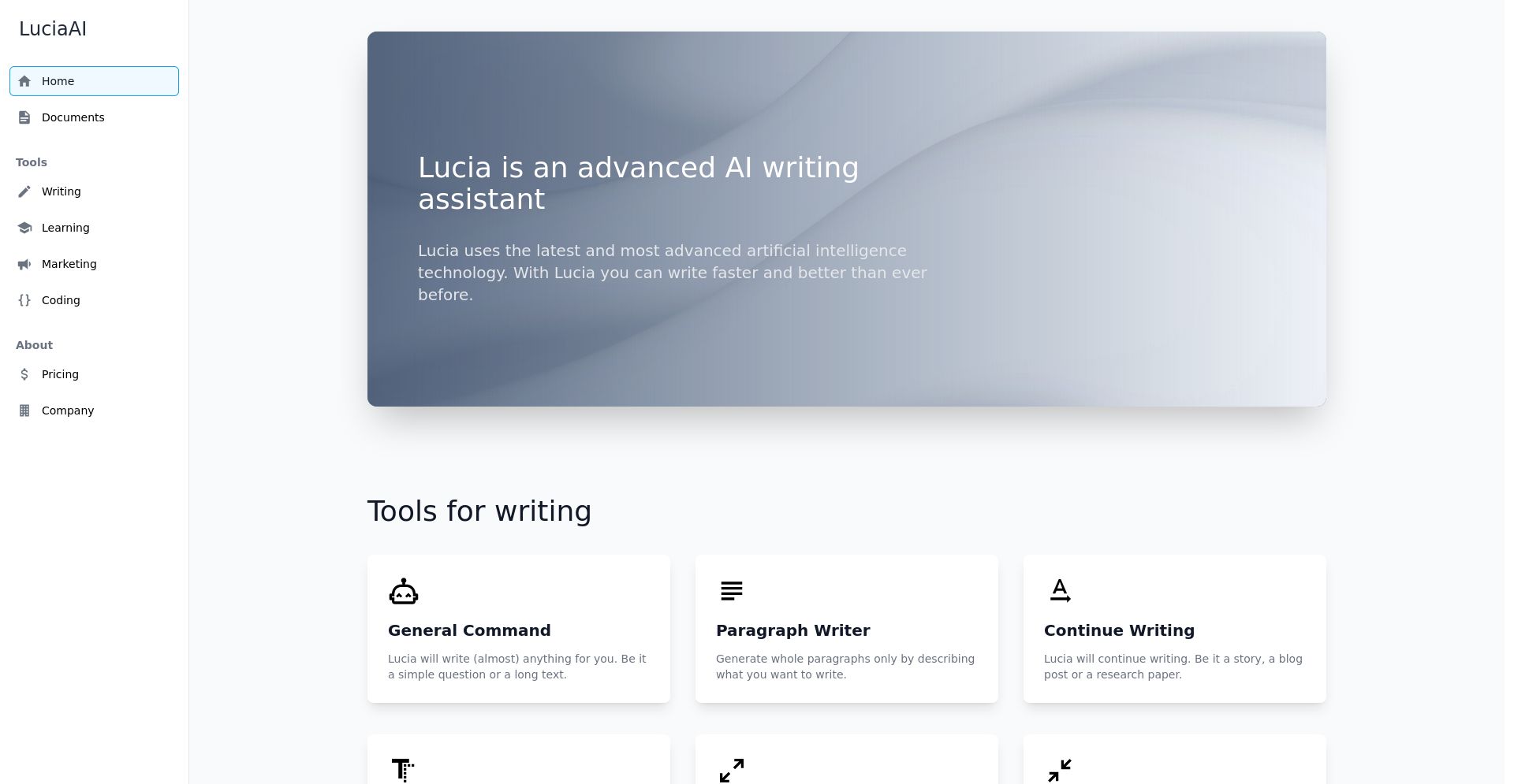 Lucia - website homepage screenshot