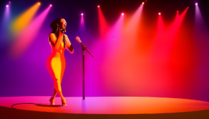 A brightly lit stage with a microphone and speakers set up on it. A spotlight shines on the front of the stage, illuminating a woman in a vibrant dress with her arms raised and singing into the mic. On either side of the stage are two monitors, projecting images of colorful music notes. In the background is an audience of smiling faces, all clapping along to the music.