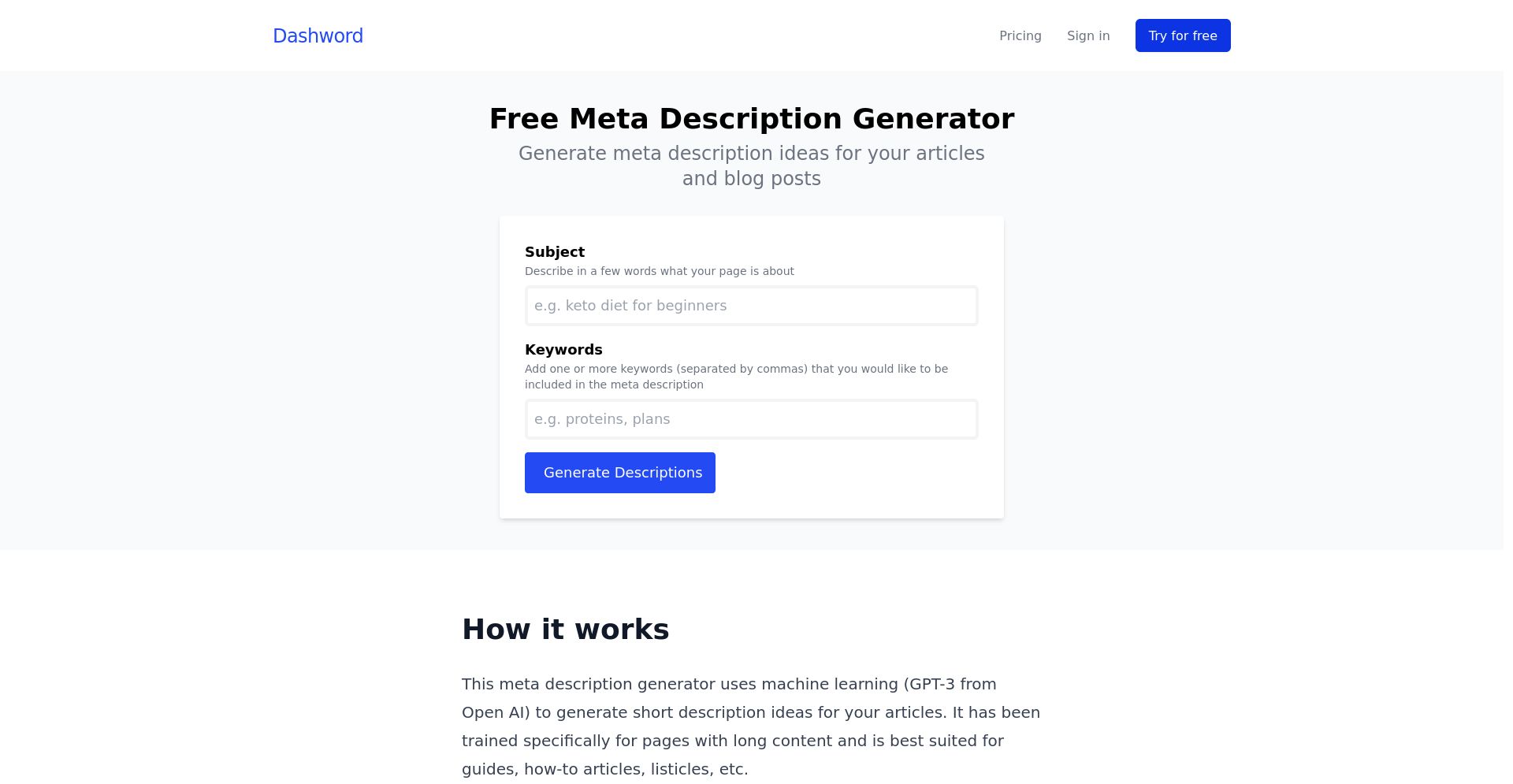 Meta Description Generator by Dashword - website homepage screenshot