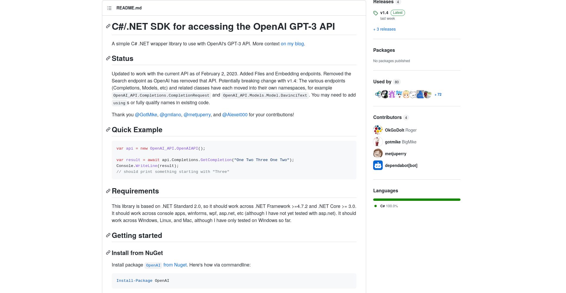 OpenAI GPT-3 C#/.NET SDK - website homepage screenshot