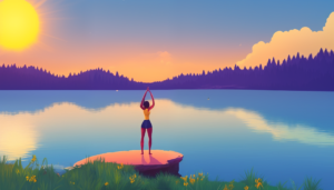 A vibrant yellow sun rises over a tranquil blue lake, surrounded by lush green trees. A woman stands in the foreground, arms raised, embracing the new day. A staircase stretches up from the water's edge, leading to a path of personal growth and discovery. The sky is full of possibility and hope.