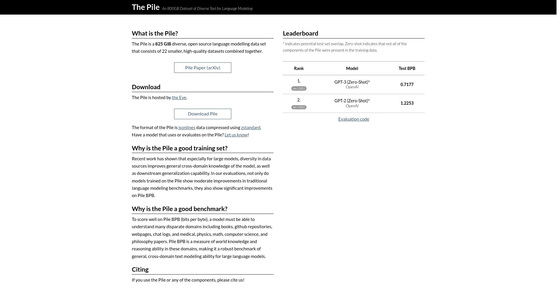 The Pile - website homepage screenshot