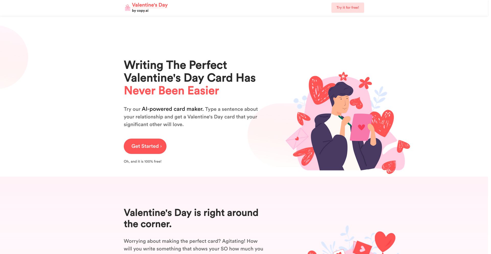 Valentine's Day Card Writer by CopyAI - website homepage screenshot