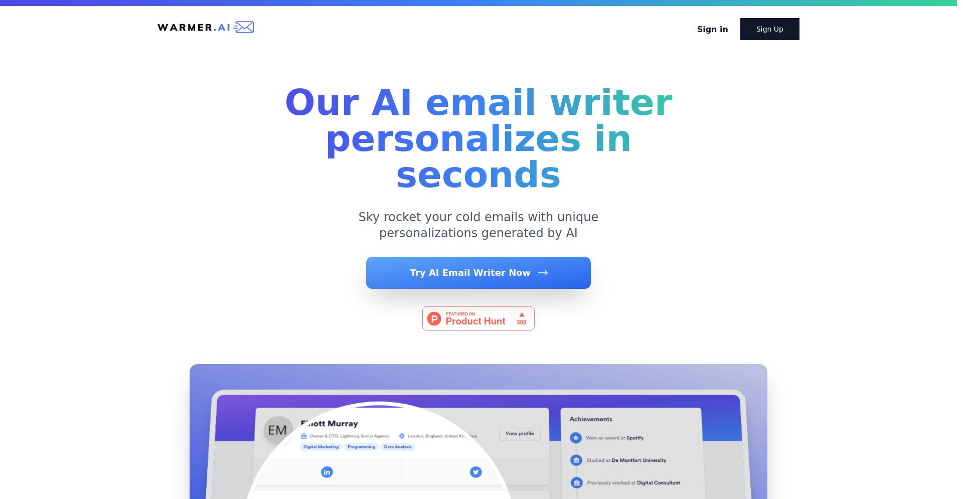 Warmer.ai - website homepage screenshot