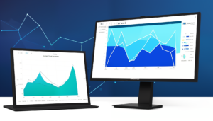 A computer monitor with a graph showing data points in shades of blue. A magnifying glass zooms in on the graph, highlighting several clusters. On the right side, a hand holds a stylus and points to one of the clusters. Below the monitor, a block of text is highlighted with a white box.